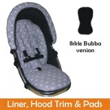 Matching Liner, Hood Trim & Harness Pads Package to fit Ikkle Bubba Pushchairs - Silver Star Design